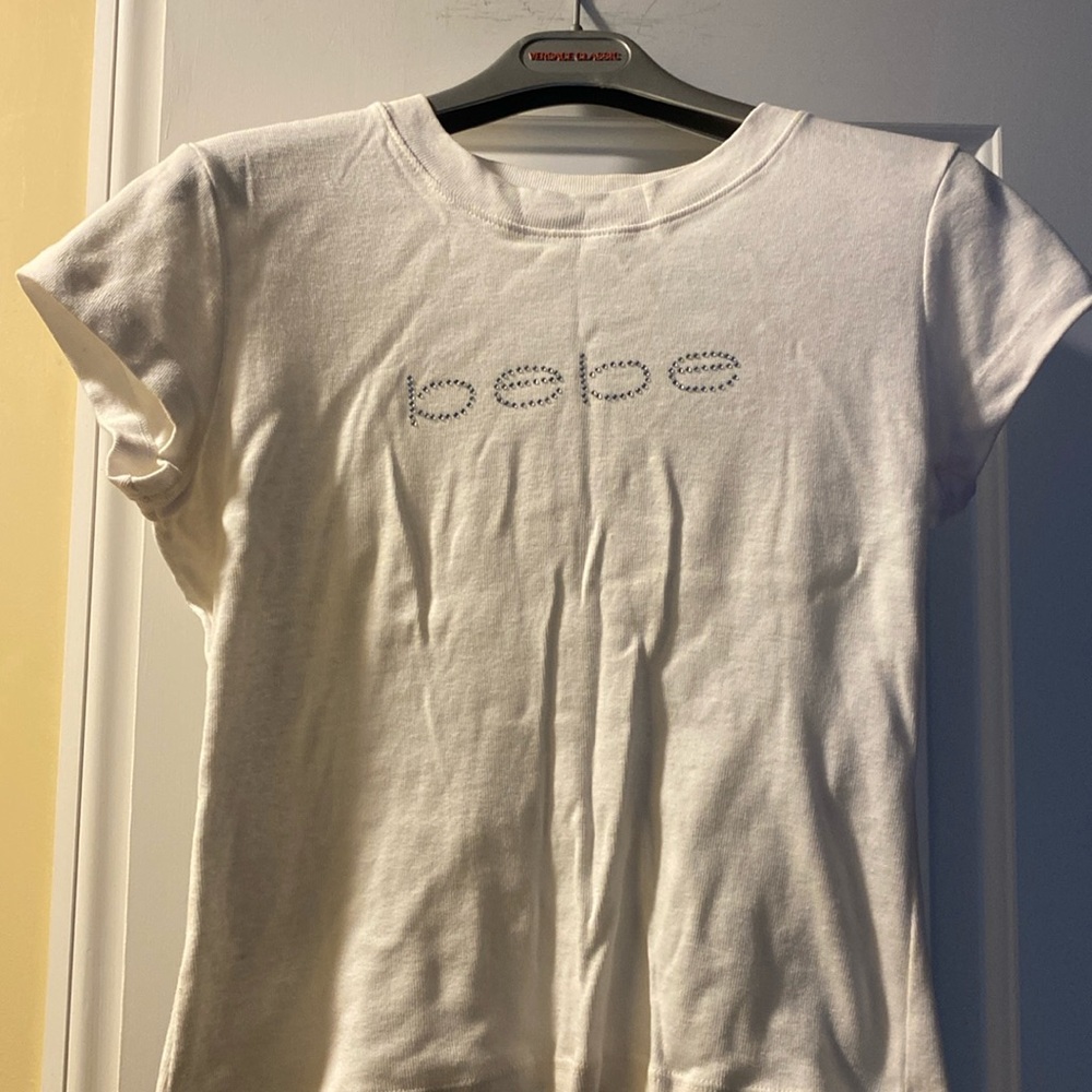 Bebe 💯 Cotton White Crystal Logo Stretch Tee NeverUsed